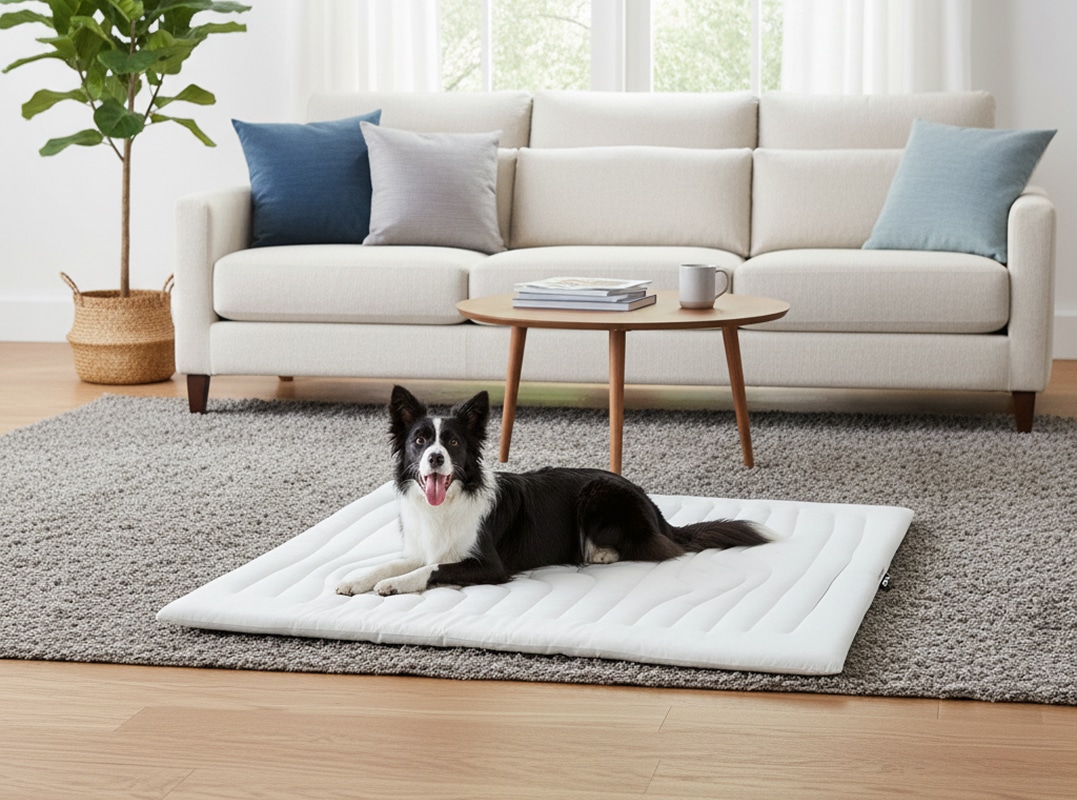 Dog approaching and beginning to lie down on cooling mat demonstrating initial contact activation
