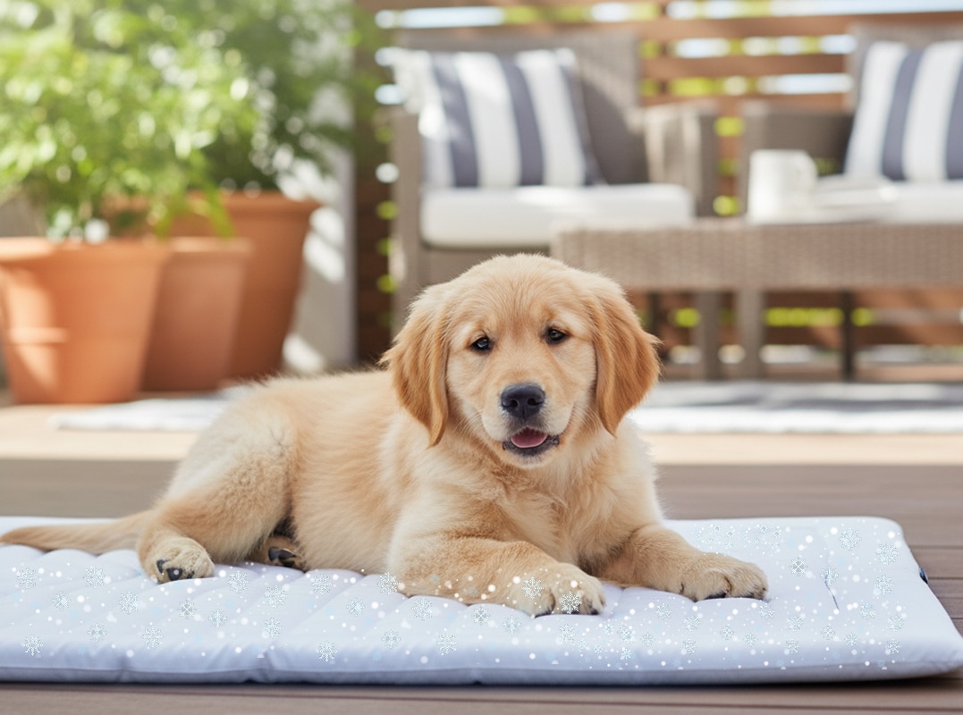 Dog fully resting on activated cooling mat showing comfort as gel technology disperses heat